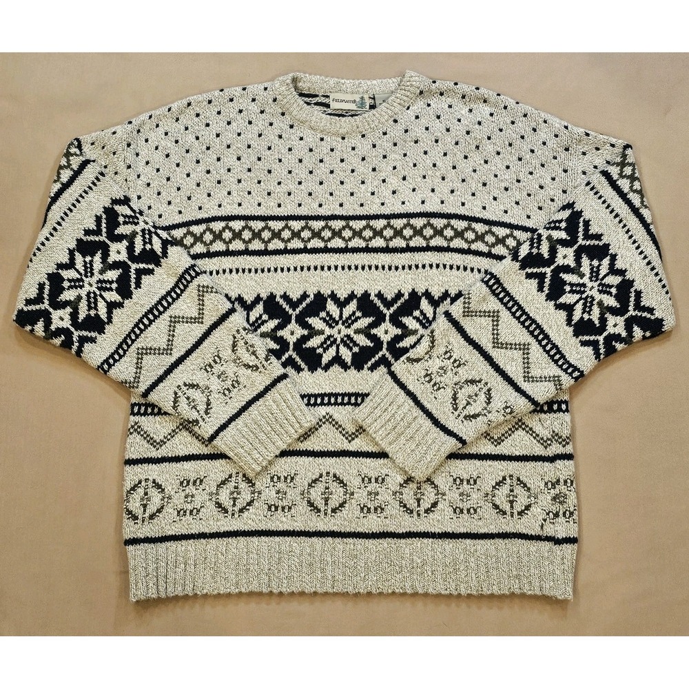 Fieldmaster Knit Sweater Mens XL‎ Beige/Blue Fair Isle Made In USA Vintage